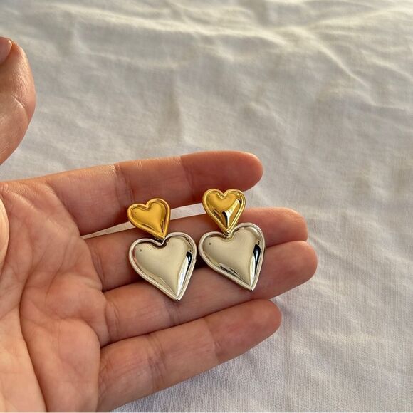 Puffed Double Hearts Gold/Silver Valentine's Earrings OS - Picture 4 of 8